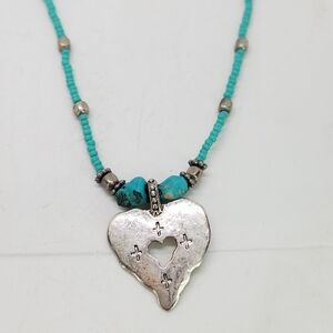 Vintage C Stein Heart W Stamped Cross Pendant Turquoise Bead Necklace Southwest